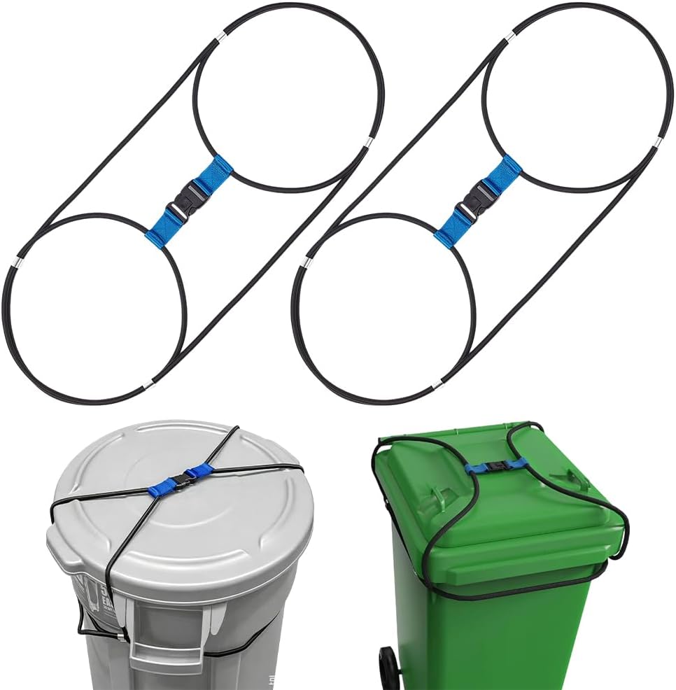 FINGERINSPIRE 2Pcs Adjustable Trash Can Lid Lock Animal Proof Trash Lock Rubber ABS Plastic Trashes Can Lid Locks Strap for Garbage Cans Lids Universal Trashes Cans Bungee Locks for Animals Raccoons