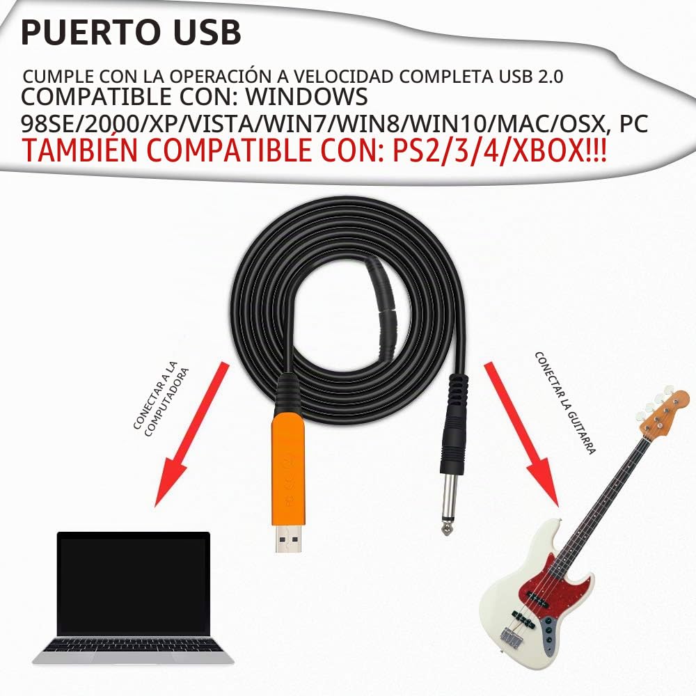 Cable USB de guitarra de 10 pies, interfaz USB macho a 6,35 mm, conector mono TS chapado en oro, cable de grabación compatible con PC, Mac, Xbox, PS4, PS3, PS2