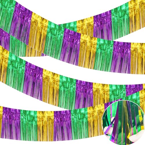 Image of 4 Packs Total 39 Ft Mardi Gras Parade Floats for Trailer Car, Green Gold Purple Foil Fringe Garland Tinsel Streamers Banner Table Skirts for Halloween Graduation Homecoming Birthday Party Decor