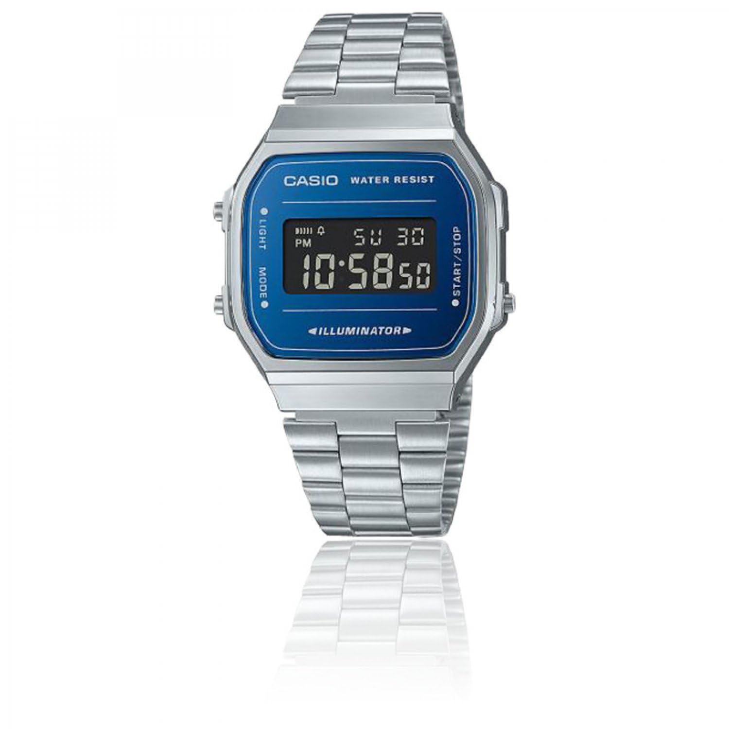 Casio Montre Quartz Unisexe 38.60mm avec Cadran Bleu Digitale et Bracelet en Bracelet en Acier Argent A168WEM-​2BEF