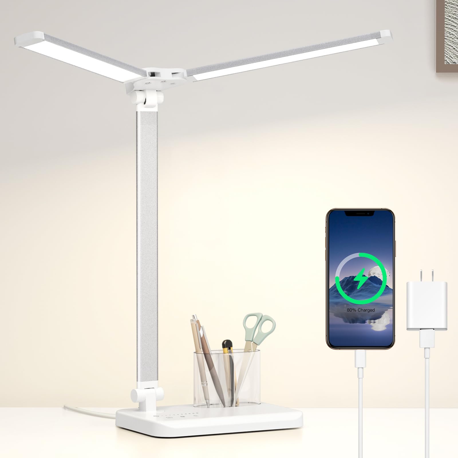 Desk Lamp with USB Charging Port, LED Desk Lamps for Home Office,10 Brightness Level Desk Light,5 Lighting Modes Table Lamp, Desk Lamp for College Dorm Room 5W White