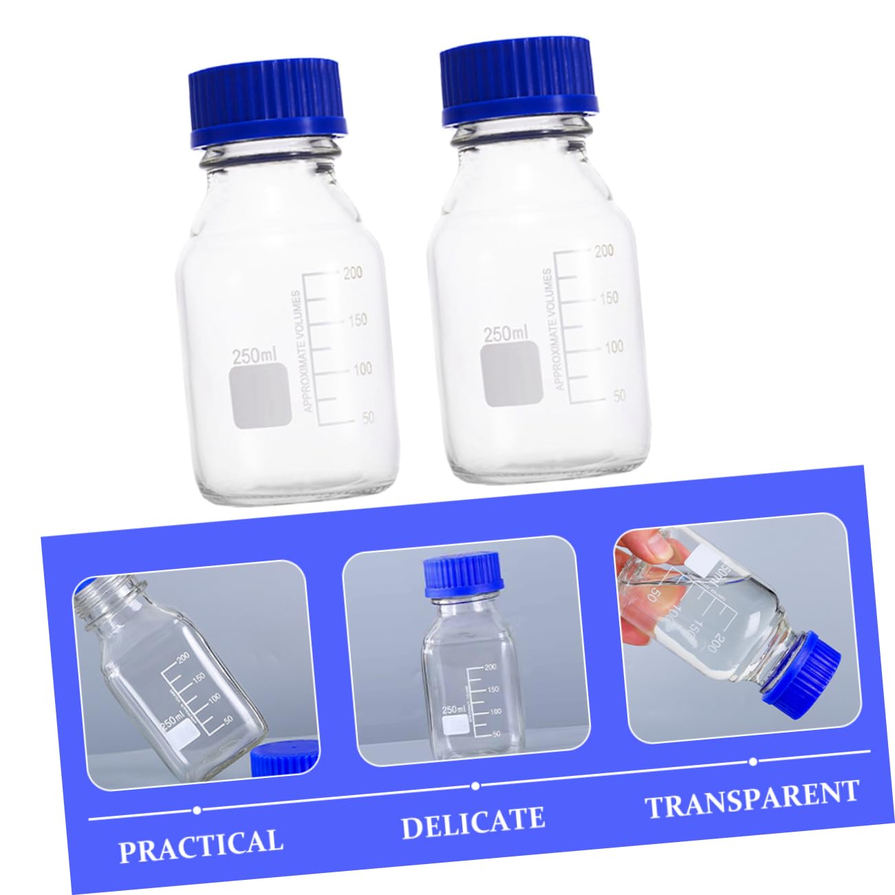 Boccette in Vetro per Campioni da Laboratorio, Bottiglia Graduata 250ml Linee di Misura, Set da 2 Pezzi per Conservazione e Miscelazione
