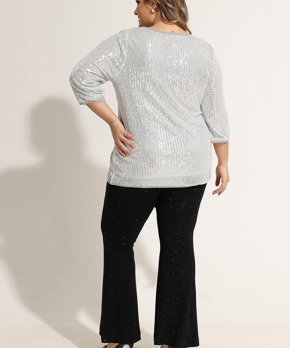 RITERA Plus Size Glitter Tops for Women 3/4 Sleeve Shirts Evening Cocktail V Neck Sequin Blouse Tunic Weddings XL-5XL - Image 6