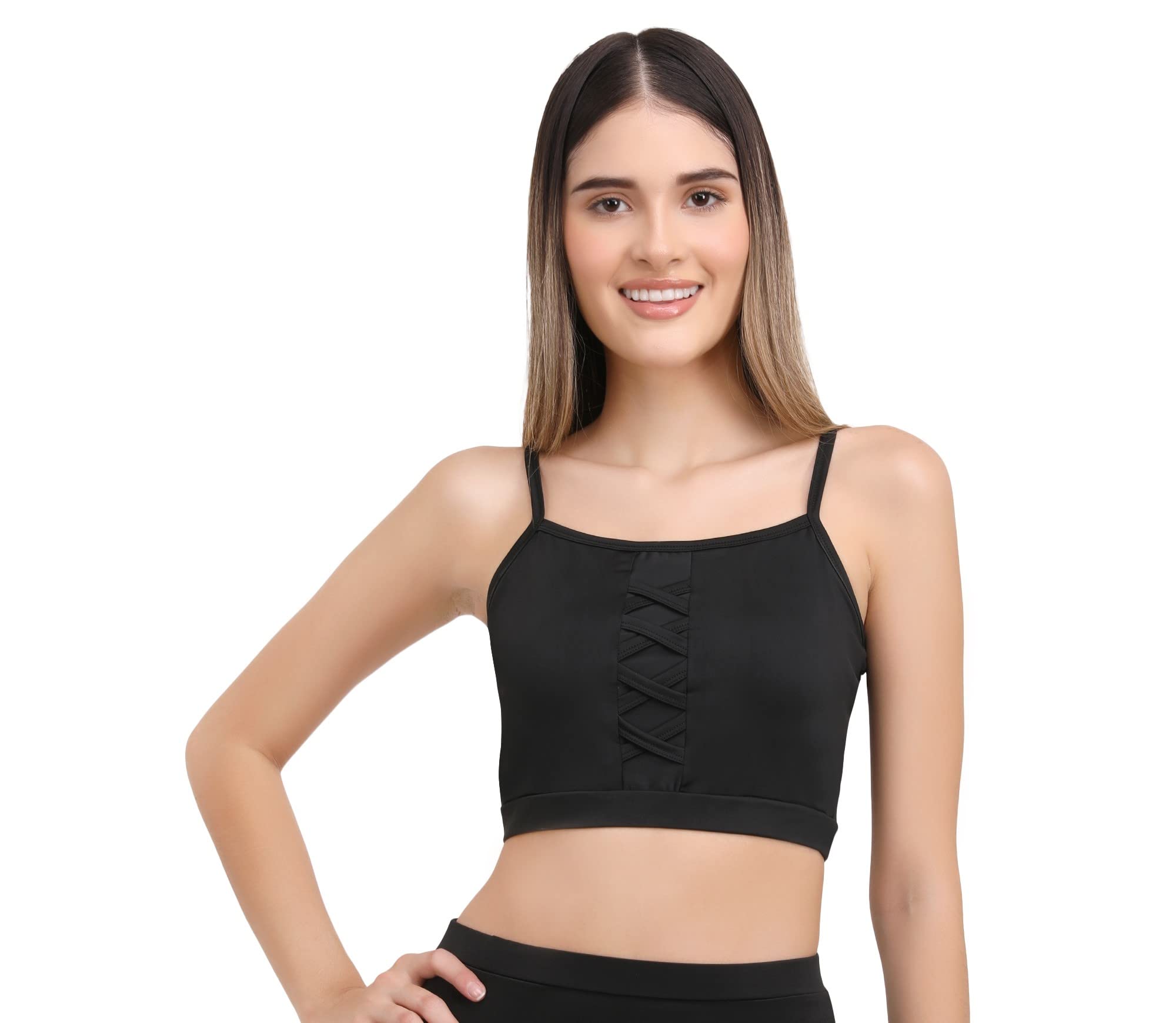 crevox Solid Black Padded Sports Crop Top for Women-picture-36