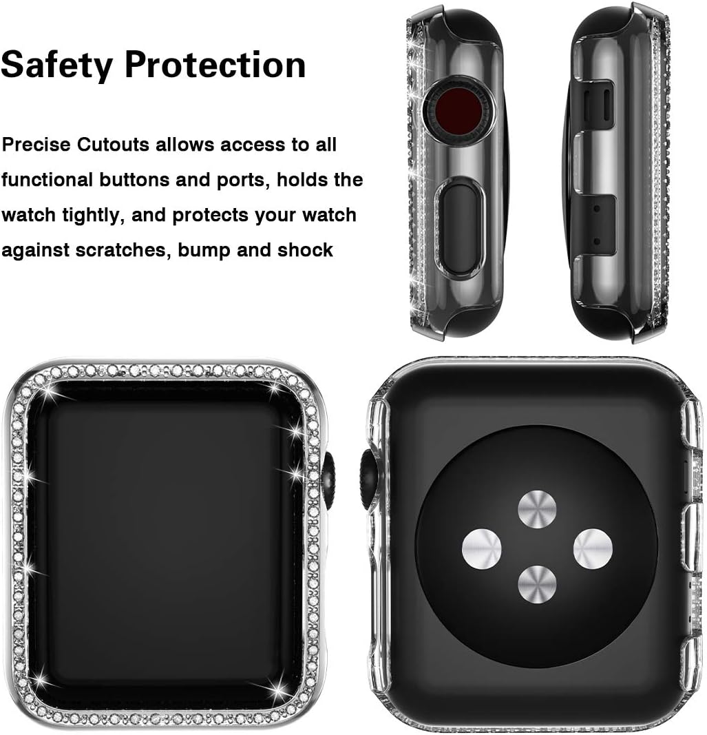 Mastten Case Cover Compatible with Apple Watch 38mm , Clear Bling Diamond Bordered Protector Compatible with Series 3 2 1