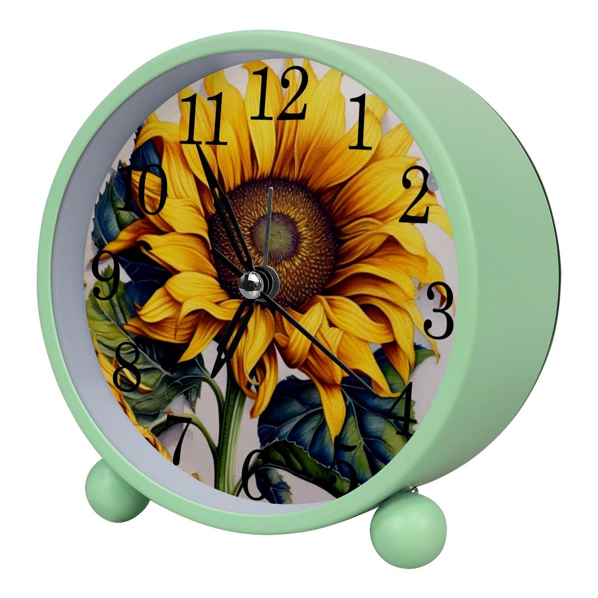 Alarm Clock Sunflower Green Leaf, Silent Non-Ticking with Night Light