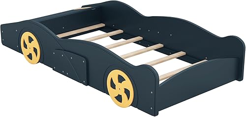 Miniatura 103 de Cama de plataforma en forma de auto de carreras con ruedas, cama de plataforma de madera tamaño individual con barandilla, cama de plataforma para