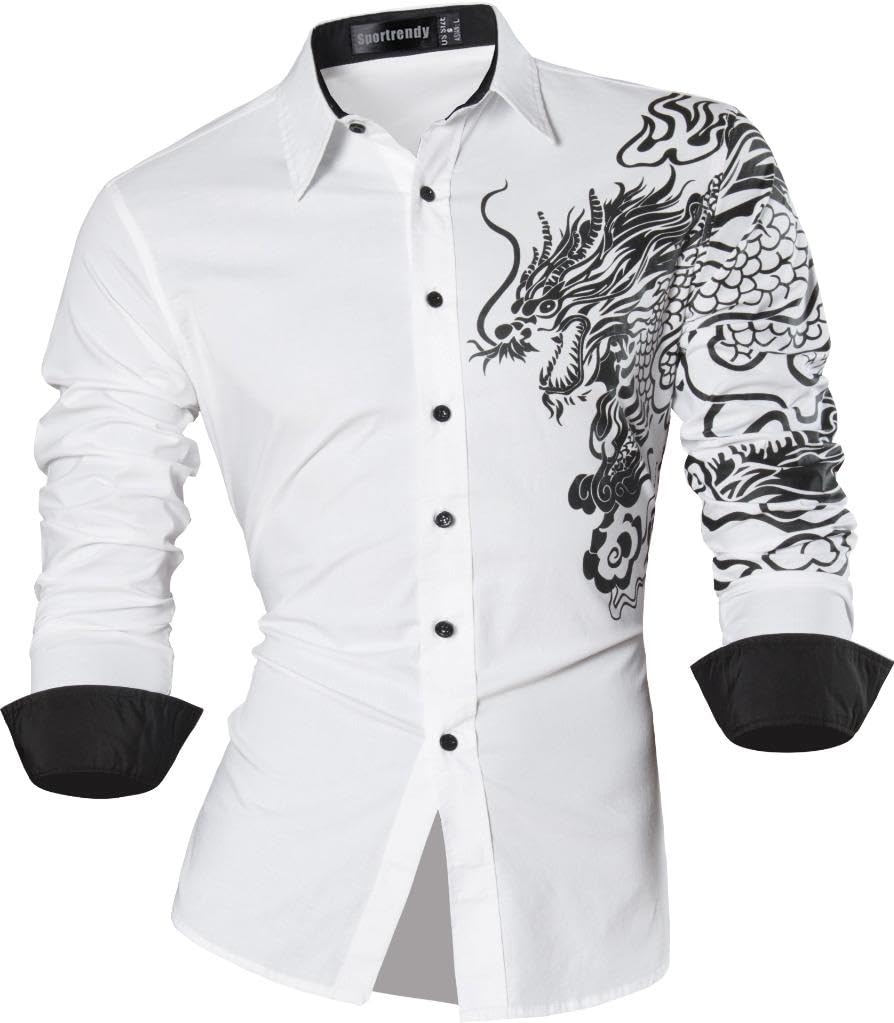 Men Casual Slim Dragon Tattoo Long Sleeve Button Down Dress Shirt JZS041