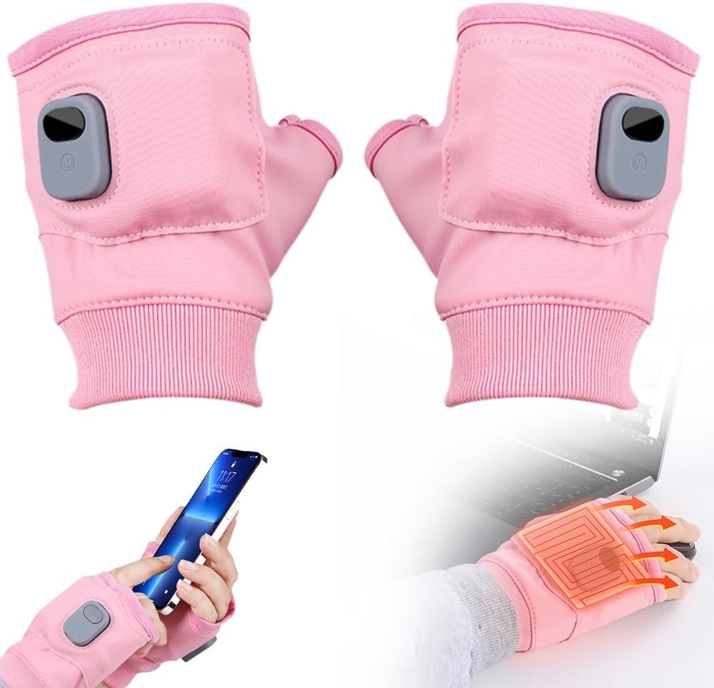 Heated Gloves for Women, New Upgraded Smart Thermostatic Electric Heated Fingerless Gloves Rechargeable, Winter Hand Warmer for Work Cycling Skiing Outdoor Snow (Pink, One Size)
