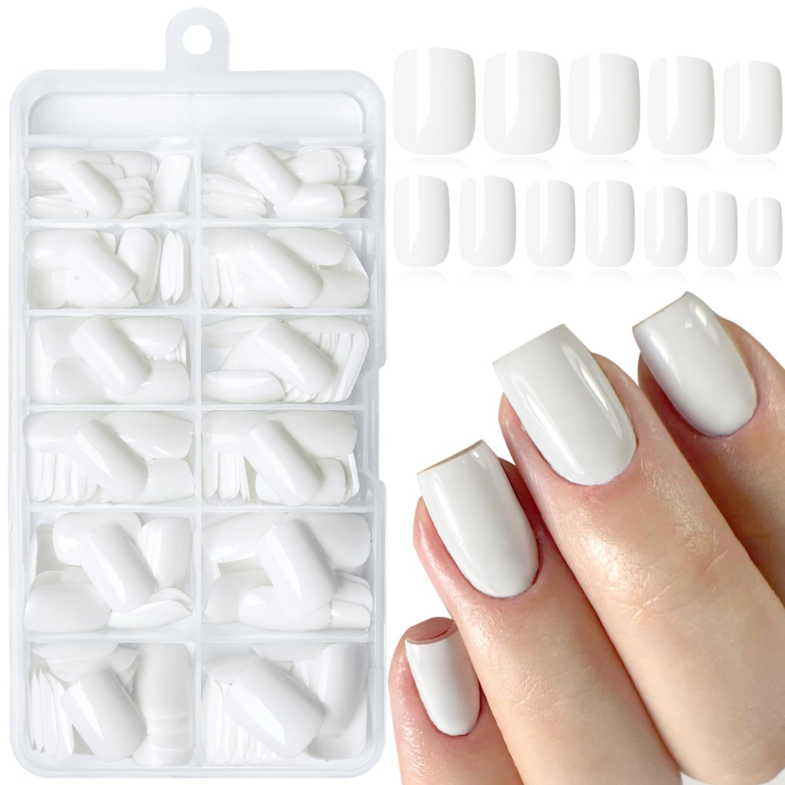 AddFavor Press on Nails Short Square - 240pcs White Fake Nails with Nail Glue & Adhesive Tabs, 10 Sizes Glue on Nails for Women & Girls Fingernails