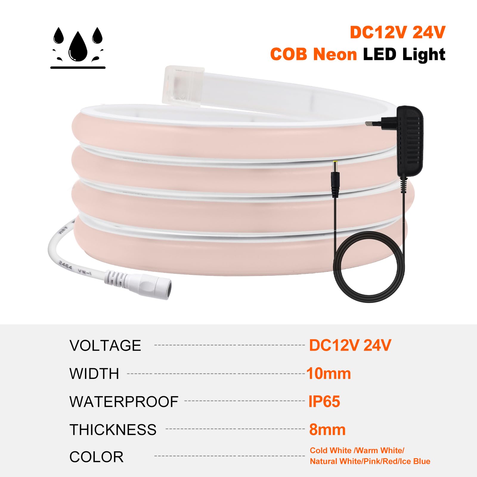 KISUFU 12V COB LED Ribbon, 320LEDs/m Light IP65 Waterproof Neon LED Strip Light mit AC Adapter for Living Room Bedroom - Image 3
