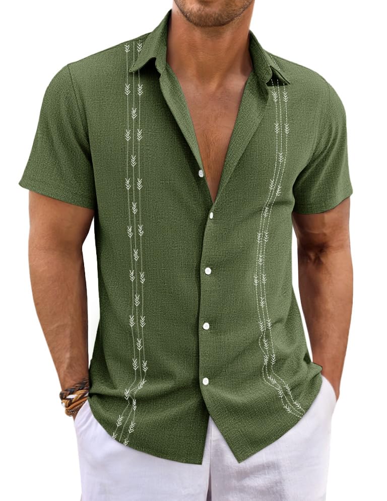 Runcati Mens Short Sleeve Guayabera Shirts Button Down Cuban Casual Mexican Shirts Summer Beach Wedding Linen Tops