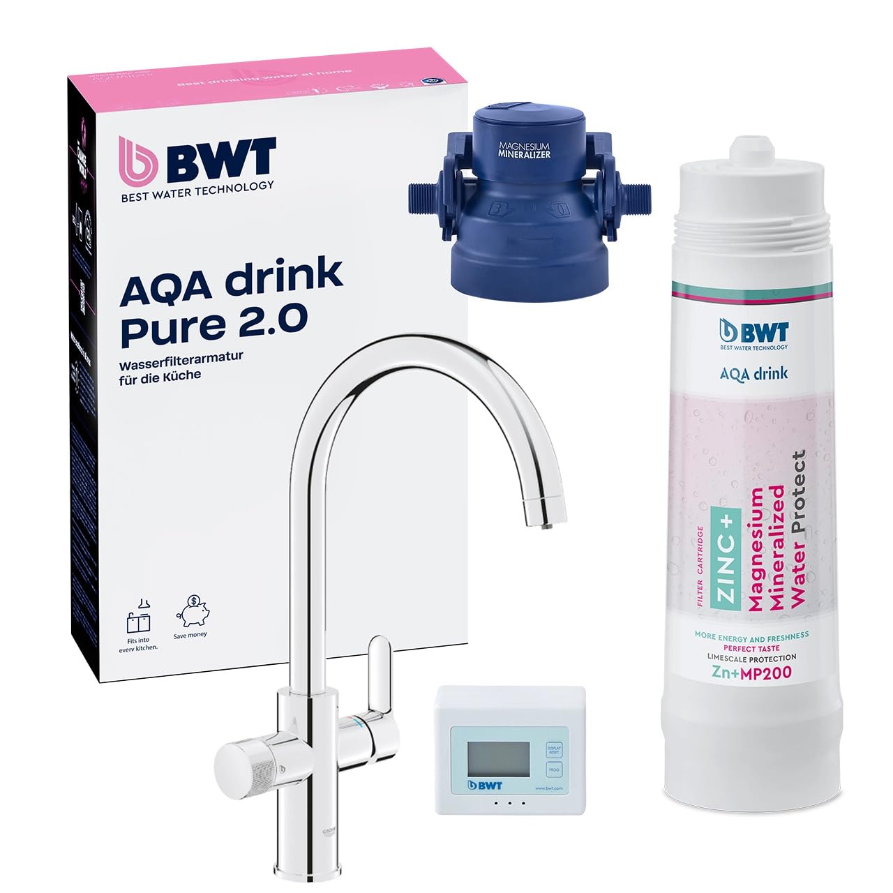 BWT AQA drink Pure 2.0 ZINC + MP200| Mezclador de cocina cromado con caño C extraíble, Pulverizador de enjuague rotativo | Filtra partículas como arena y óxido | Agua potable perfectamente filtrada