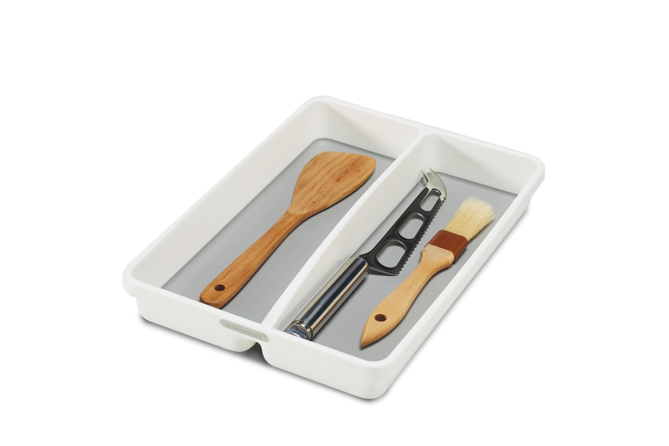 madesmart Premium Antimicrobial Classic Mini Utensil Tray, Soft Grip, Non-Slip Kitchen Drawer Organizer, 2 Compartments, Multi-Purpose Home Organization, EPA Certified, White
