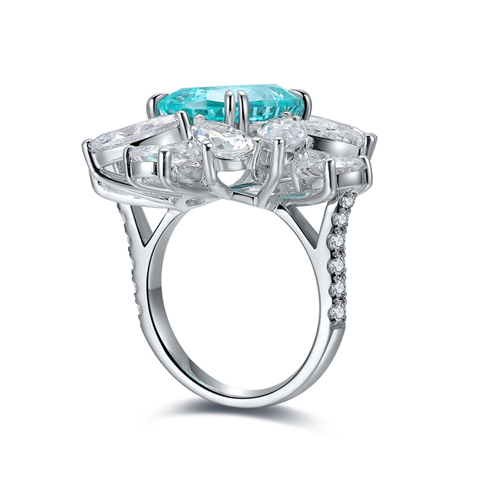 Daesar Anillos para Compromiso Mujer con Flor y Oval con Turmalina Paraiba Creada de 9.79ct y Moissanita, Oro Blanco 9K/14K/18K, Anillos de Boda y Compromiso Plata Azul Lago