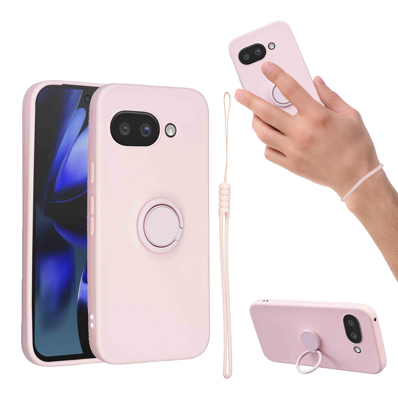 for Google Pixel 9A ケース 液状シリカゲル親肌TPU新型携帯スタンド保護カバーカップル 放熱強純色極シンプル(Pixel 9Aピンク)