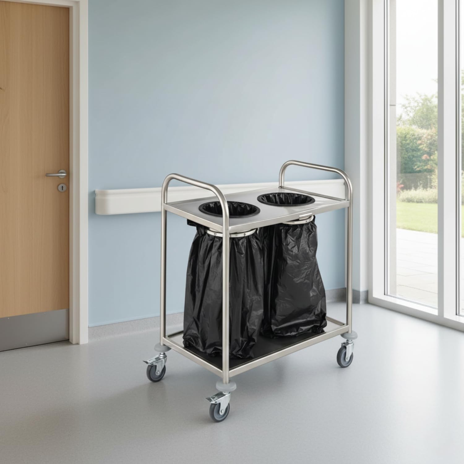 Générique Chariot INOX 2 Poubelles avec Arceaux - Chariot de Collecte Déchets - 2 Niveaux - roulettes avec Freins