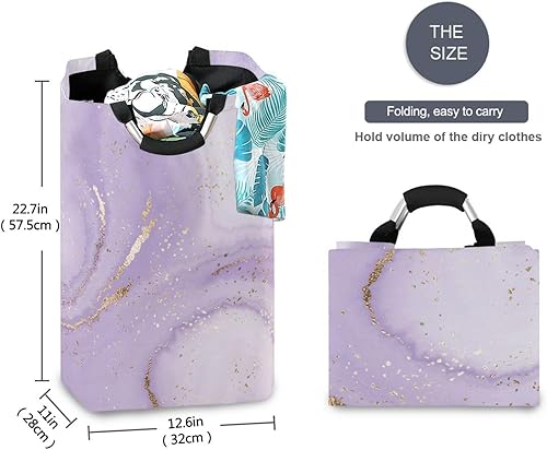 Miniatura 3 de Cesta de lavandería con asa de mármol morado ondulado, cesta plegable para ropa sucia, organizador de lavandería grande, 22.7 x 12.6 x 11 pulgadas