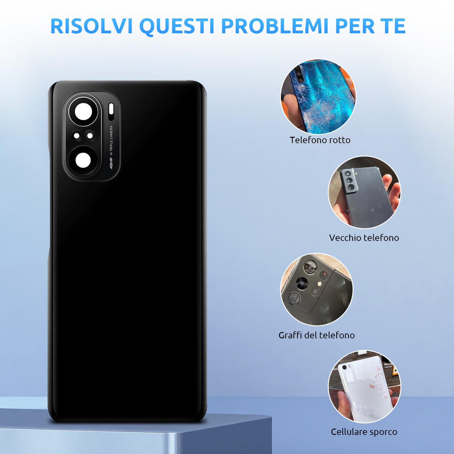 Cover Posteriore In Vetro Per Xiaomi Poco F3 Nera | Ricambio Con Kit Strumenti E Adesivo, Sostituzione Coperchio Batteria