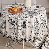F-CHU Floral Round Tablecloth 60 Inch Cotton Linen Table Cloth with Tassels for Restaurant, Picnic,