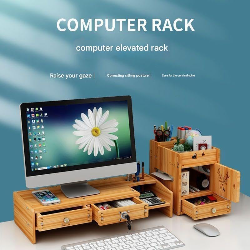 Image of VBM Monitor Riser Stand Bamboo Computer Laptop, Printer, PC with Storage Slot Adjustable Desktop Stand For Home , Office (Monitor Stand (Lock) 7 Box Deer)