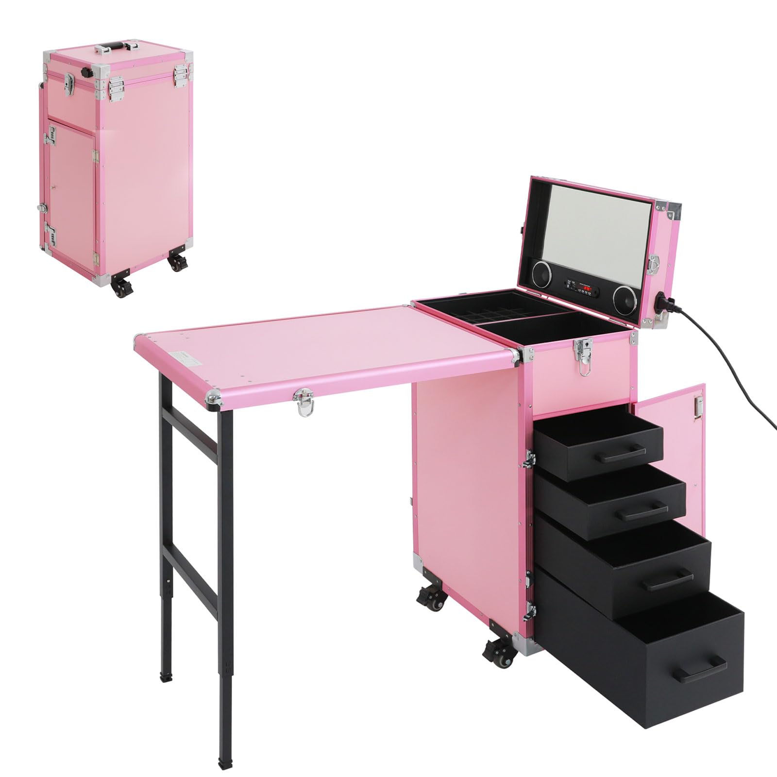 Tavolo per unghie professionale portatile, pieghevole da viaggio, con altoparlante Bluetooth e specchio, ruota universale a 360°, carrello cosmetico, organizzatore di immagazzinaggio (rosa)