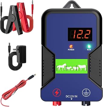 Electric Fence Charger,9.32 Miles/15 Km,12KV Output Voltage 2J Energy Output,AC DC Electric Fence Energizer with LED Display for Preventing Wild Animals Intruding Great for Gardens,Poultry and Pets