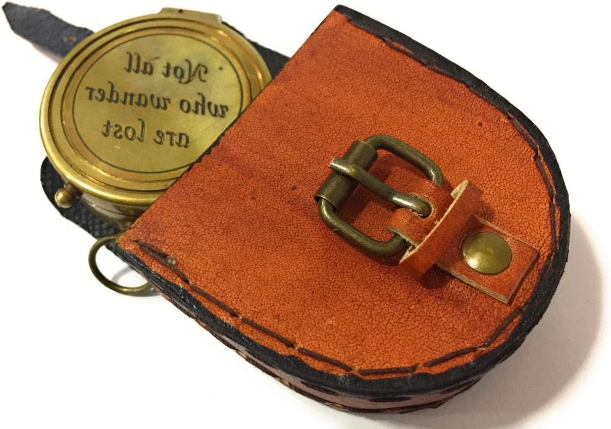 NauticalMart Brass Poem Compass with Leather Case Quote Engrave Not All Those Who Wander are Lost