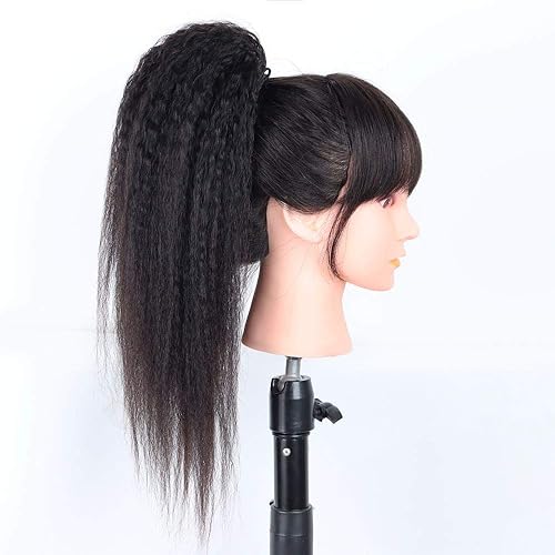 Miniatura 4 de Cola de caballo de cabello humano virgen brasileño lacio con cordón para mujeres negras, extensiones de cabello humano rizado lacio, extensiones de