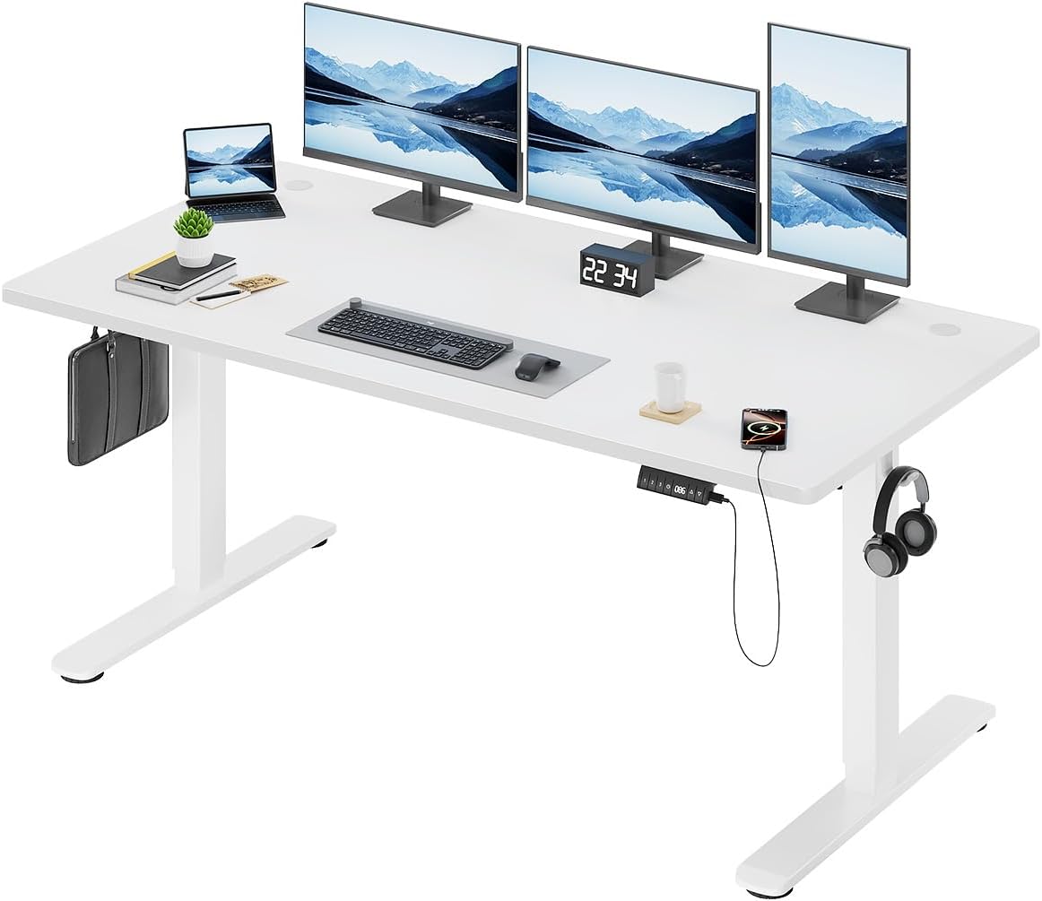 Devoko Electric Standing Desk 160x80cm, 18mm Thick Tabletop, Sit-Stand Height Adjustable with Sedentary Reminder, USB Charging Port, 3 Memory Smart Panel, Heavy-Duty Steel Frame (White)