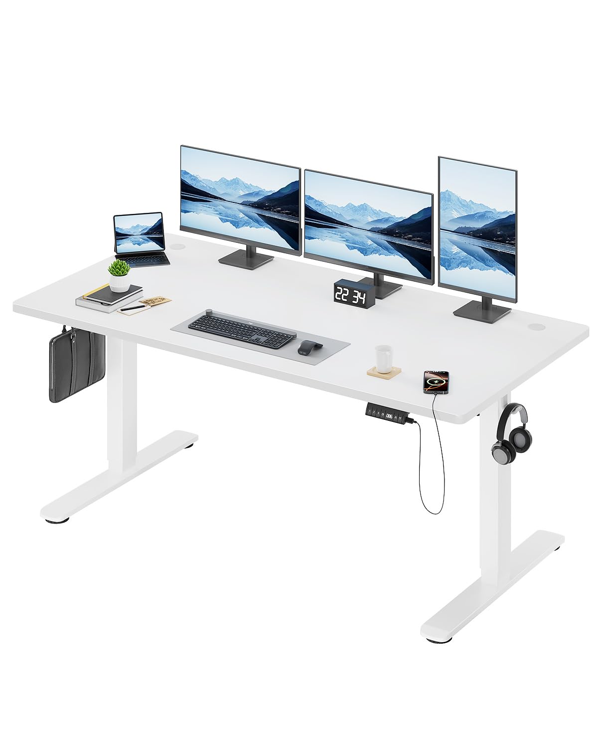 Devoko Electric Standing Desk 160x80cm with USB Charging Height Adjustable with Desktop Sit Stand Up Heavy Duty Steel 3 Memory Smart Pannel(White)