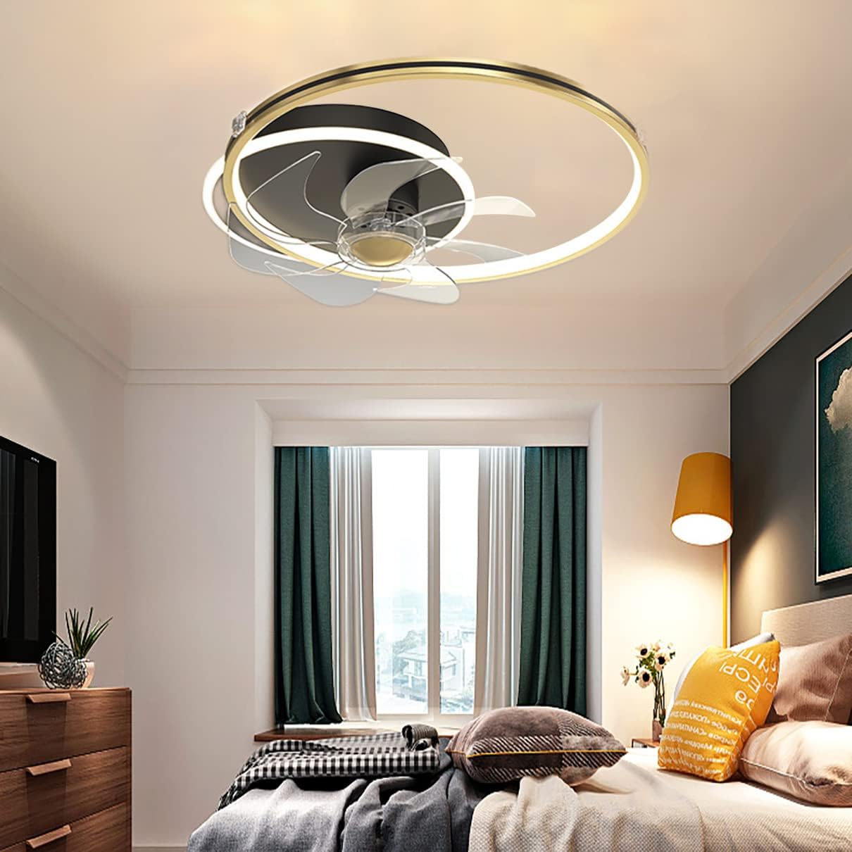YUEGOO Bedroom Fan with Ceiling Light,3 Colors Dimmable Silent Remote Control Indoor 3 Speed Small Fan Ceiling Lights with Timer 50Cm Dining Room Lounge Fan with Ceiling Light/Black/a