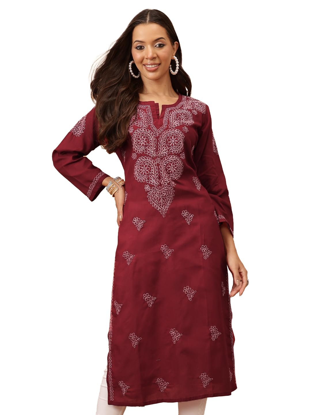 Indian Hand Embroidered Chikankari Women's Straight Cotton Kurta Kurti Tunic A197536
