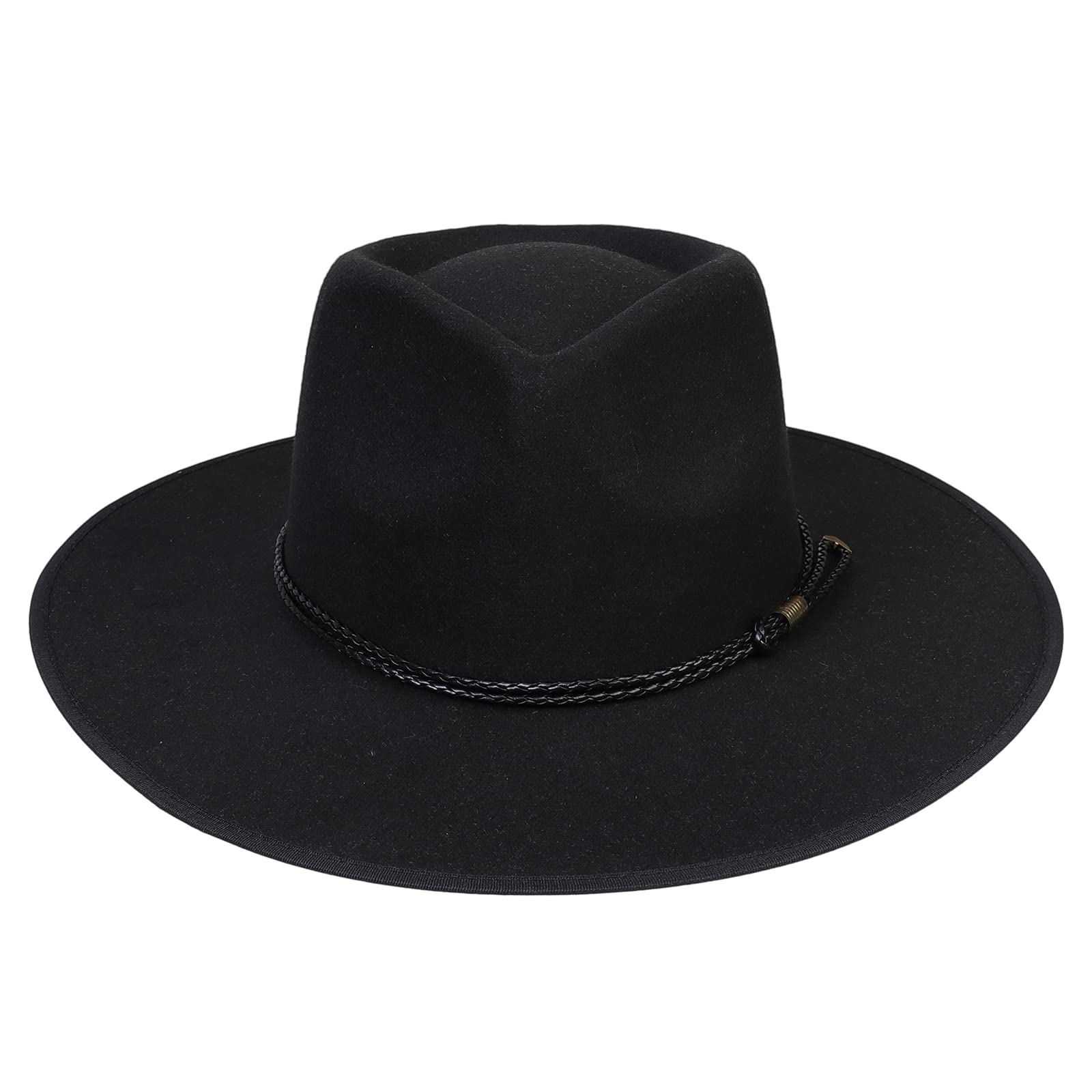 JK Home Sombrero Fedora de ala ancha - Gorra Panamá de fieltro de lana - Talla única unisex para mujeres y hombres - Banda de cuero trenzado negro