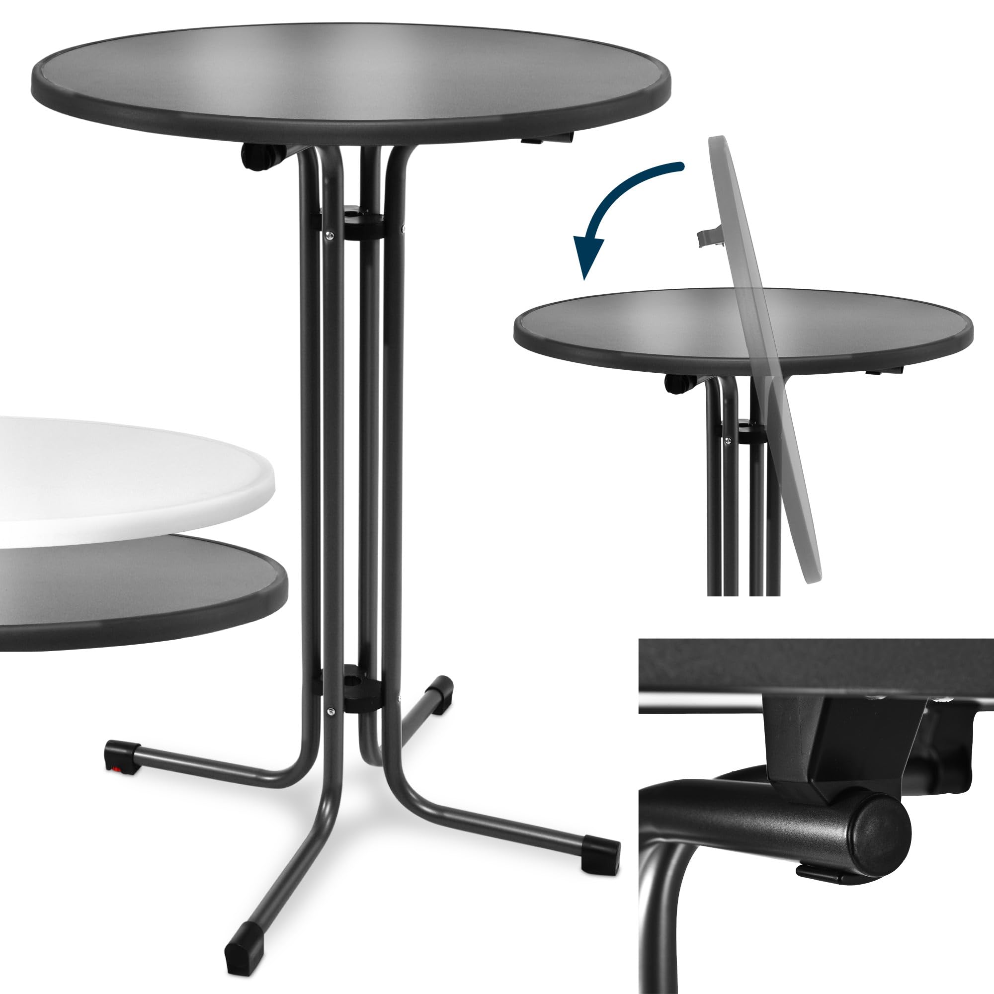 Beautissu Mesa Alta Plegable Negra Ø70cm Bellini – Robusta Mesa Bistró para Exteriores, Resistente a Intemperie, Pie Ajustable en Altura, Fácil Montaje con Soporte Premontado – Mesa Redonda