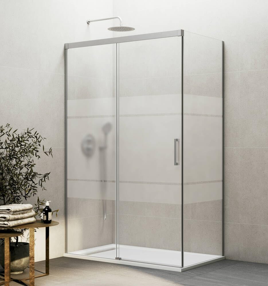 GME - Mampara Ducha Frontal Níquel Cepillado 165cm 1 Fija + 1 Corredera + 80cm Panel Lateral Fijo | Mampara de Cristal Reversible 6mm con Ancho Adaptable y 196cm de Altura