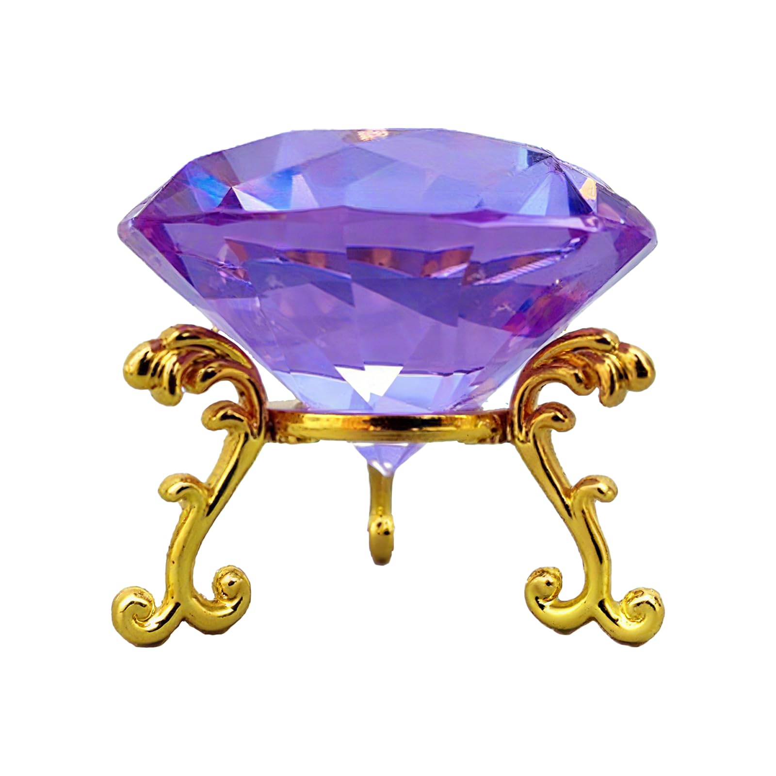 Eterspr Paperweight with Silver Plated Flower Stand, Clear Glass Diamonds Decoration, Desk Decoration, with Golden Metal Base (Purple)
