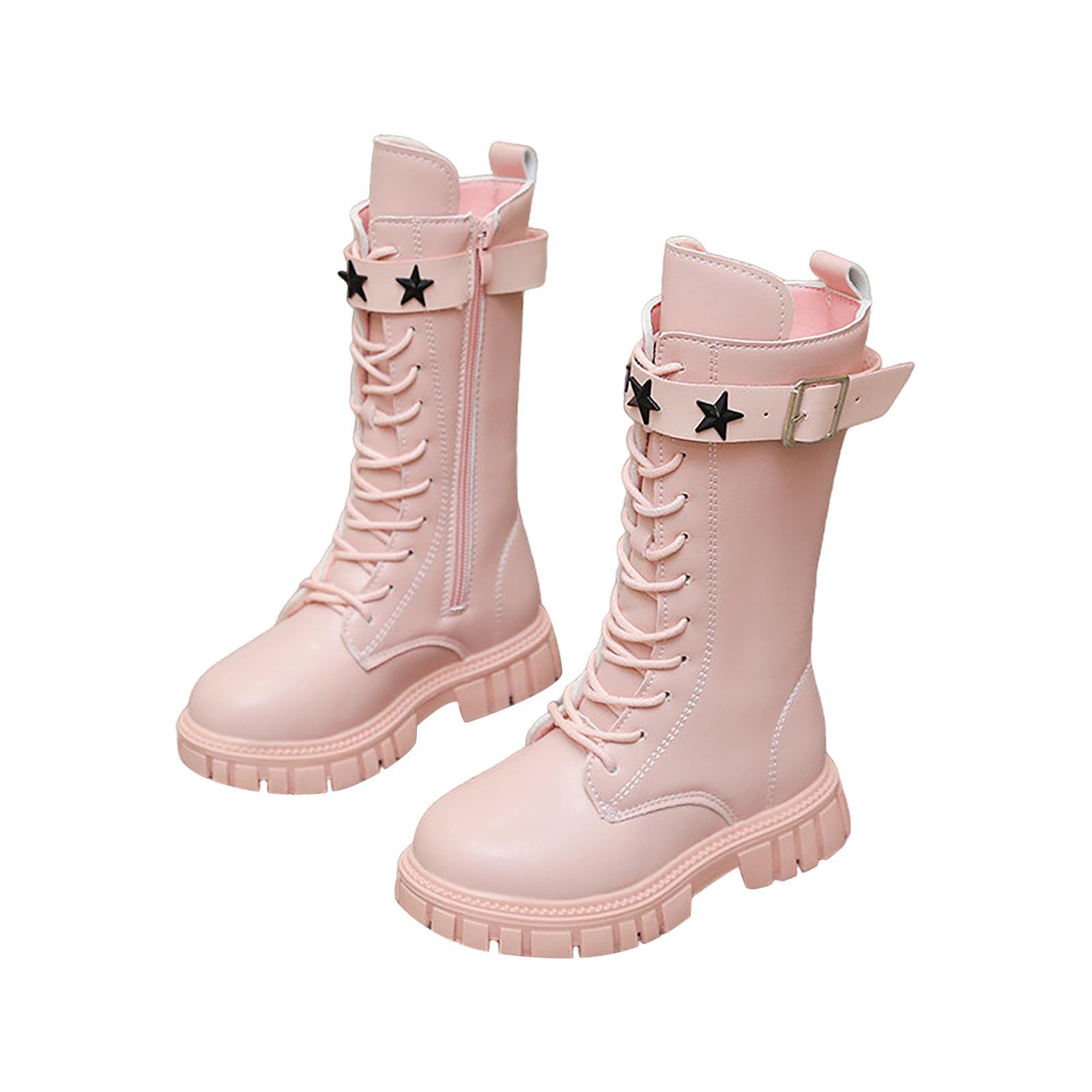 Girls Lace Up Riding Boots Mid Calf Combat Boots Fashion Waterproof PU Leather Side Zipper Punk Goth Boot 4-12.5 Years