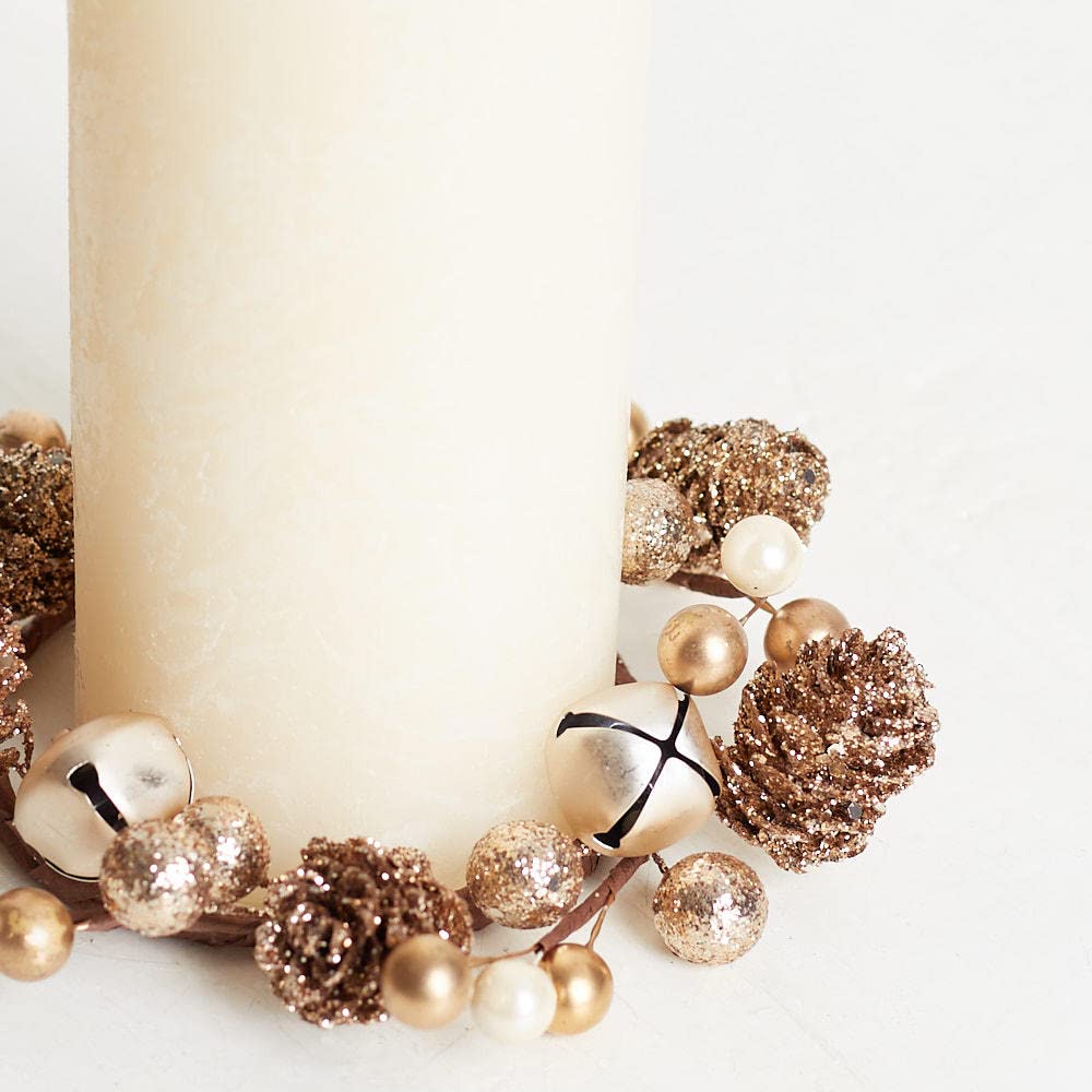 Group of 4 Gold Jingle Bell Glittered Pinecone Candle Rings by Factory Direct Craft - Bell Candle Wreath Rings for Christmas Decorating and Holiday Displays