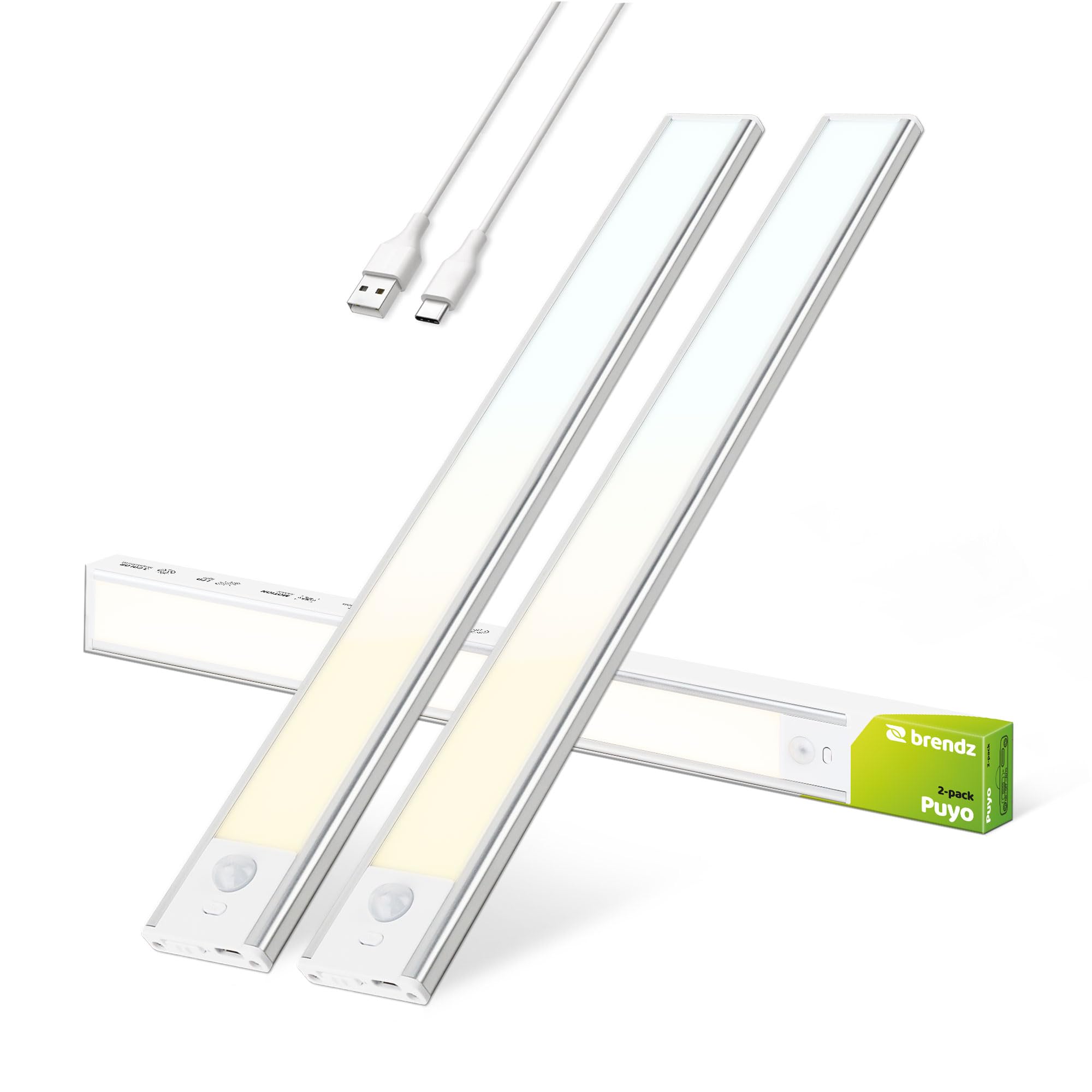 Brendz LED Sottopensile Cucina, Luce LED Ricaricabile, 2 x 40cm, USB-C, 2200mAh, 3 Temperature di Colore, Dimmerabili, Magnetica, Luci LED Cucina Sottopensile Senza Fili, Puyo Argento