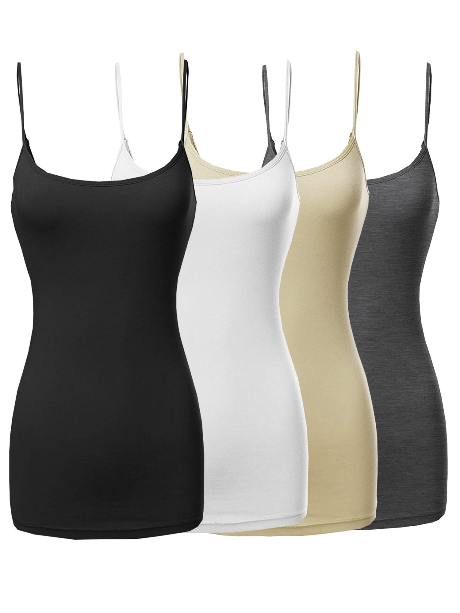 The Lovely Womens Juniors Basic Solid Long Length Adjustable Spaghetti Strap Tank Top 4PK - Black White Taupe