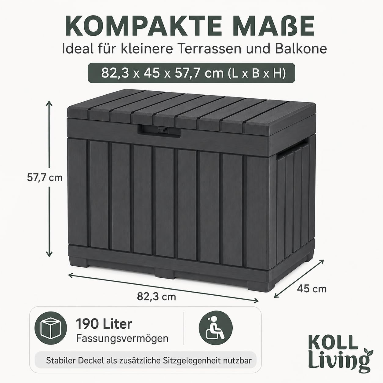 Koll Living Boîte de jardin de 190 l - Anthracite - Boîte de rangement compacte avec beaucoup d'espace pour les coussins de siège, les outils de jardin ou les jouets pour enfants - Garde le contenu au