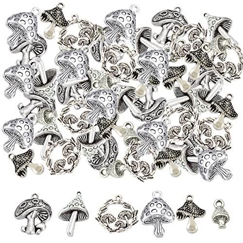 SUNNYCLUE 1 Box 60Pcs 6 Styles Mushroom Charm Mushrooms Charms Plants Magic Charms Bulk Hollow Round Food Tibetan Style Charm for Jewelry Making Charms DIY Earrings Necklaces Bracelets Findings Adult