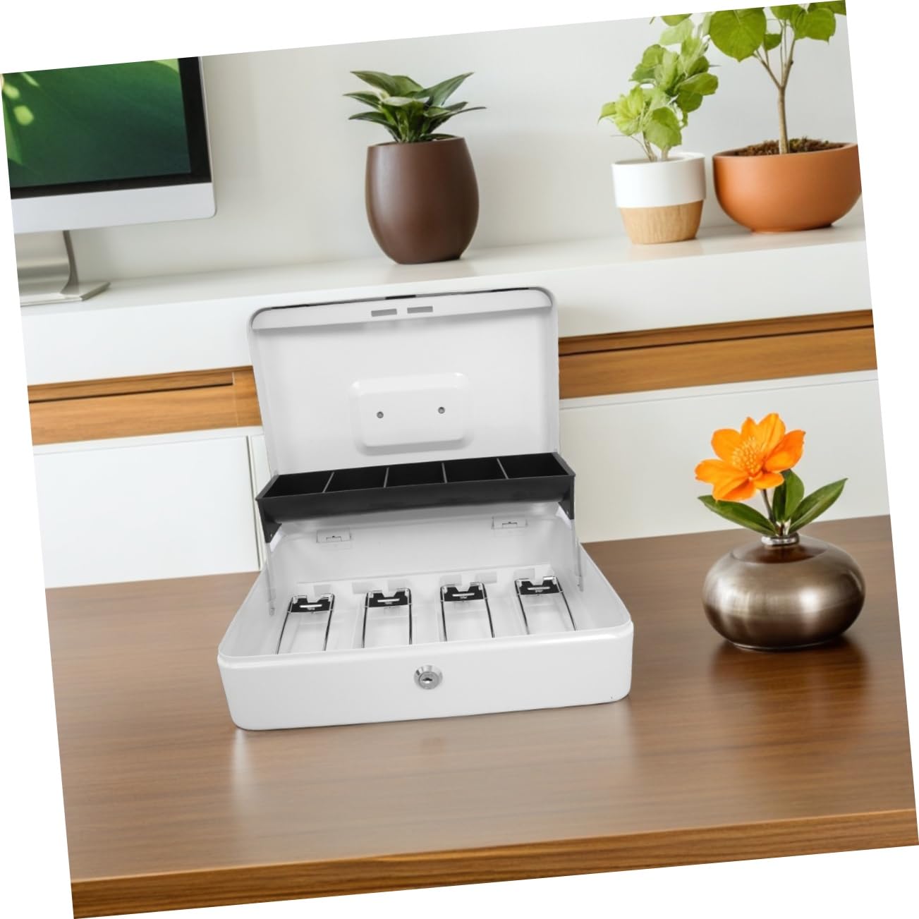 Veemoon Caja de Caudales con Llave de Metal para Almacenamiento Seguro Caja de Seguridad Pequeña para Dinero Organizador con Cerradura para Comercios Hostelería y Oficinas