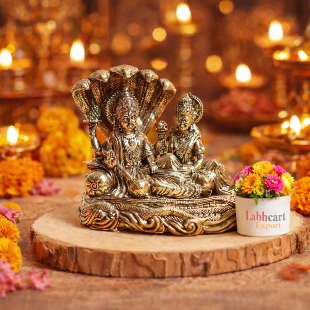 LABHCART Brass Lakshmi Vishnu Idol God Goddess Statues Religious Deity Laxmi Vishnu Resting On Sheshnaag 4 Inches