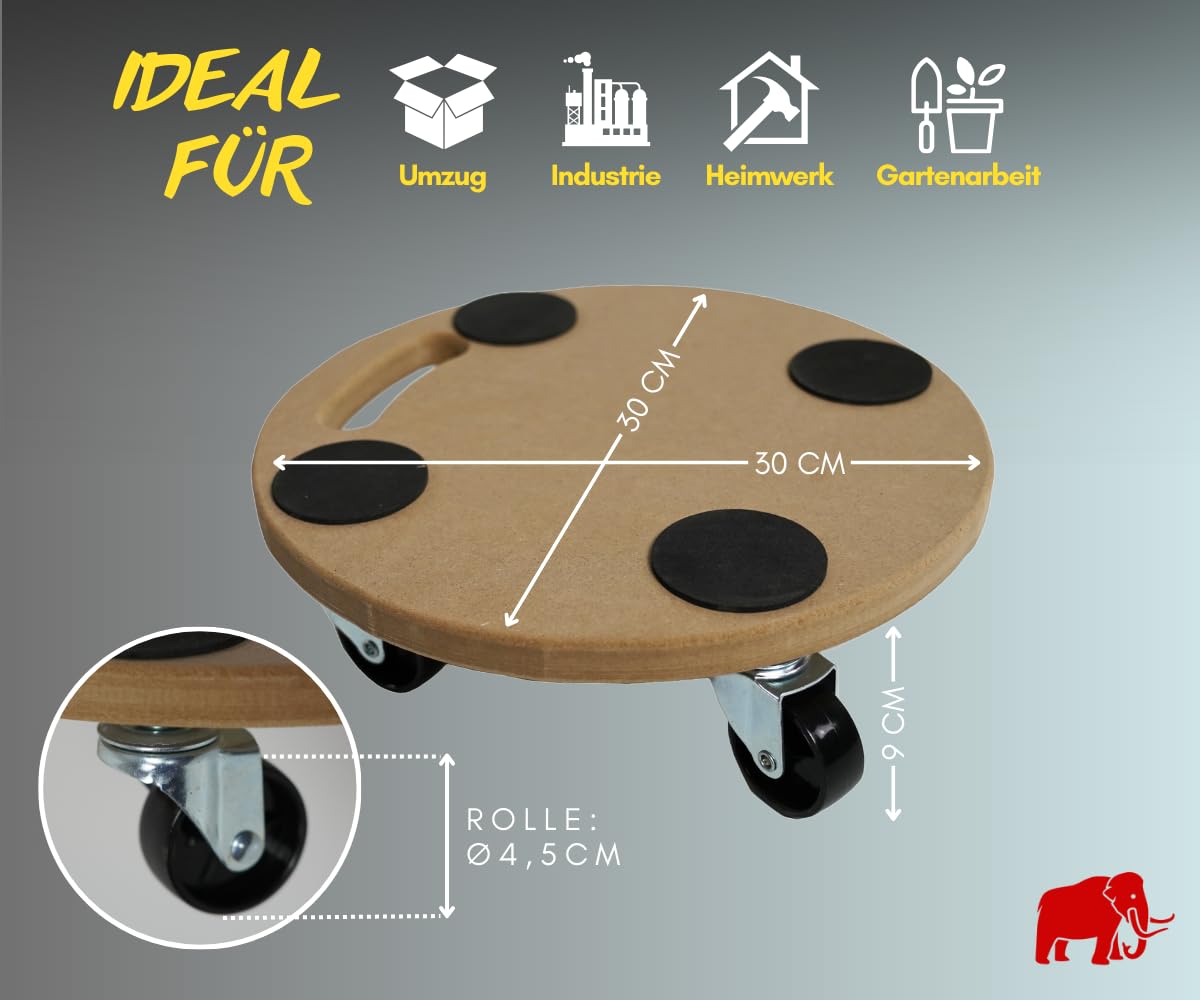 PROREGAL Profi Transportroller Hercules 30x30 cm Rund Schwerlast bis 100 kg mit 4 Gummirollen & Griff, MDF Holzplatte, 8er Set Rollbrett für Möbel Möbelroller Transporthilfe für Umzug Pflanzen