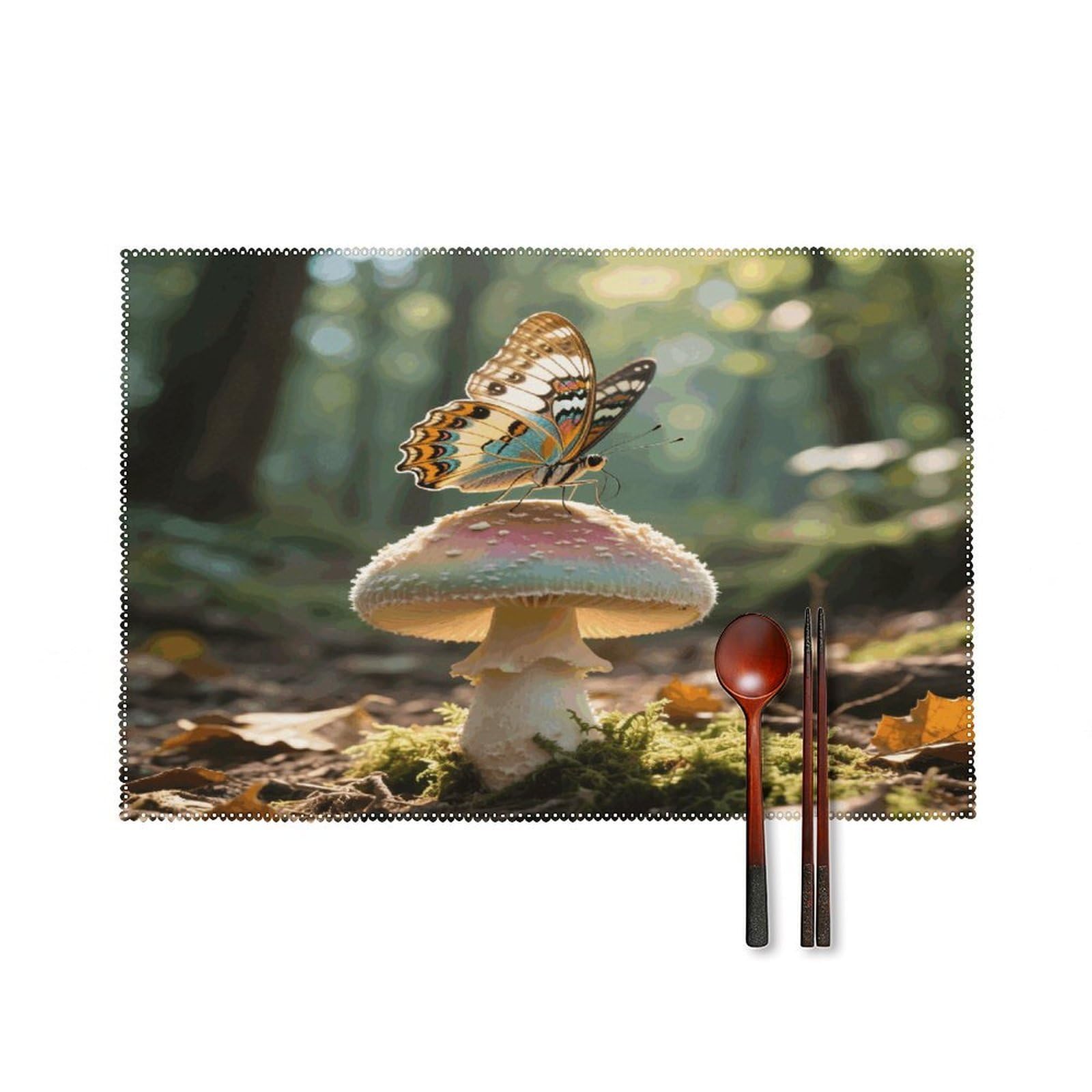 Butterfly Mushroom Placemats Set of 6 17.7 X 11.8 Inch Heat Resistant Canvas Place Mats Outdoor Place Mat Non-Slip Washable Rustic Table Mats for Dining Kitchen Party Placemats