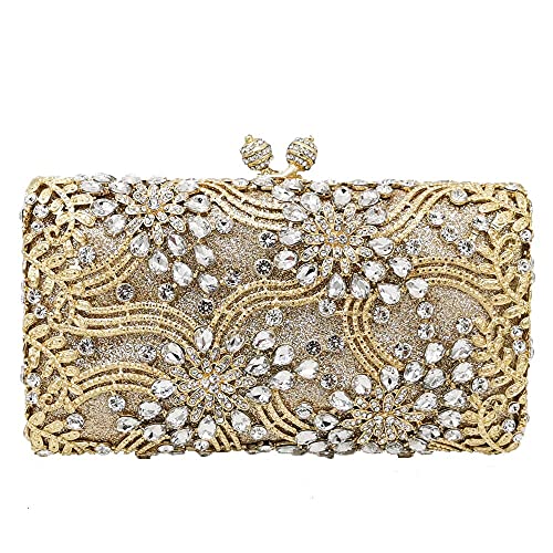 Boutique De FGG Women Flower Evening Bags Crystal Clutch Purse Wedding Rhinestones Handbags Bridal Party Minaudiere Bag,Mini Small Gold&silver