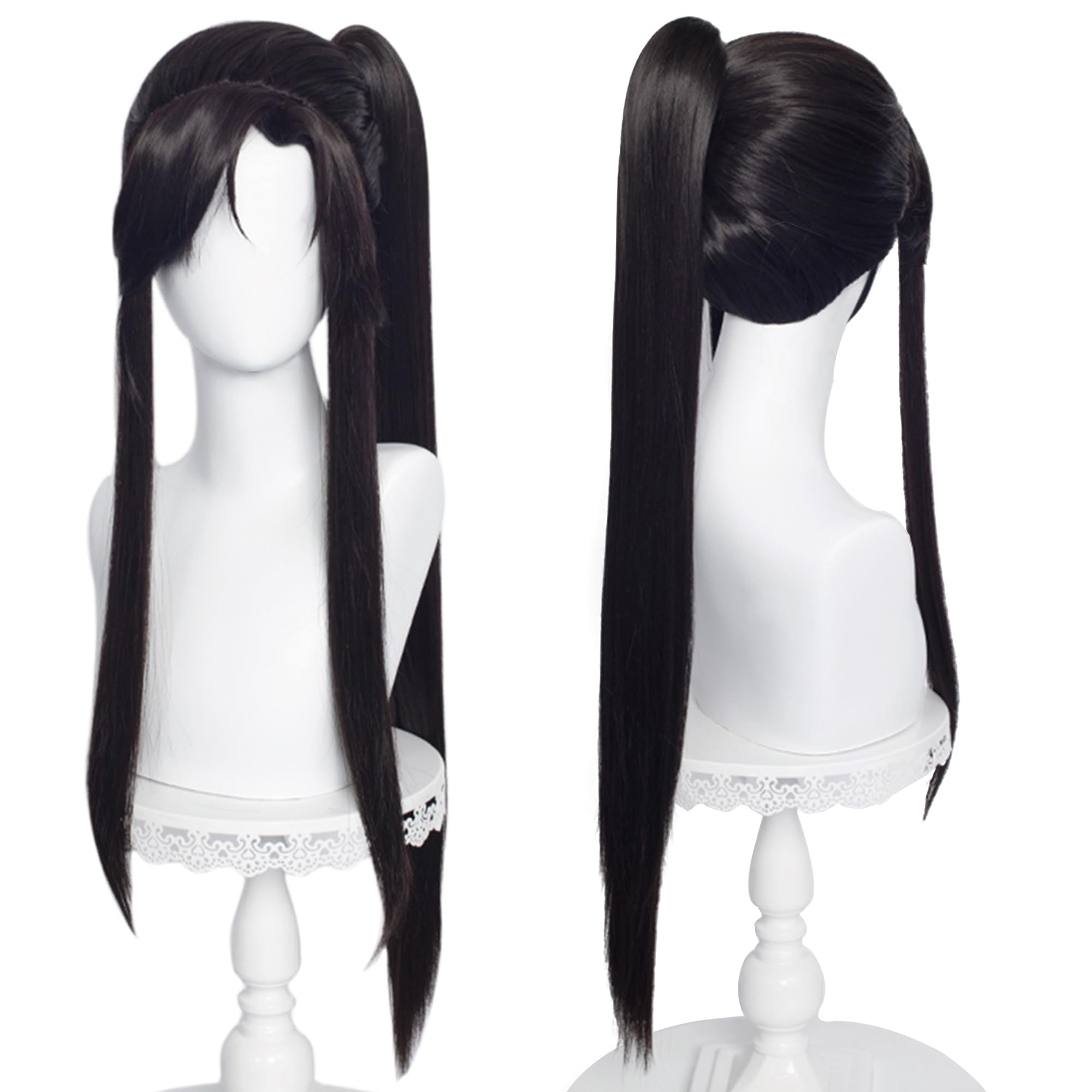 Long Black Straight with Ponytail Heat Resistant Synthetic Hair for Men Women Halloween Chirstmas Role Cosplay Replacement Wigs