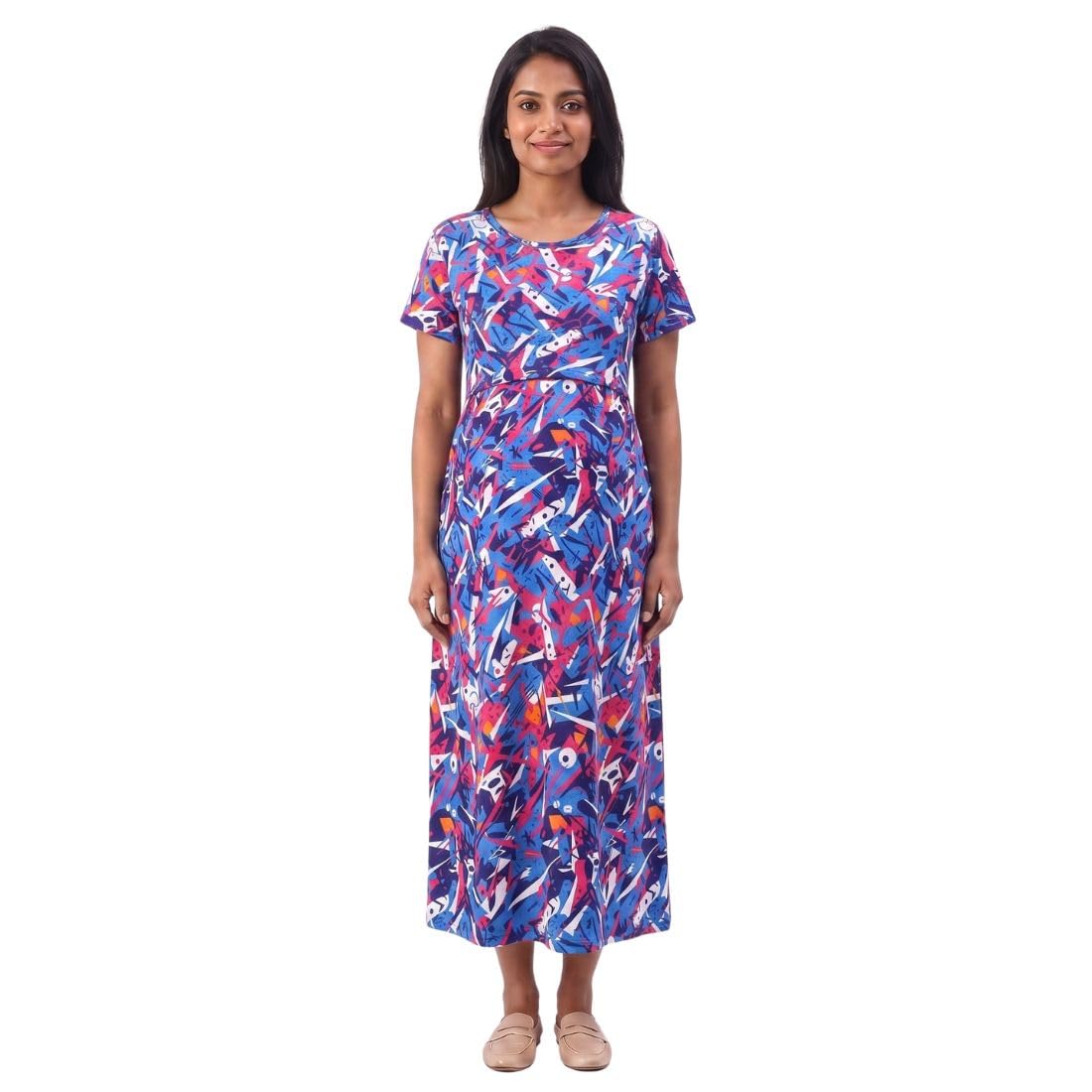 Feeding Dress for New Moms | Zipless Nursing Gown India | Cotton Maternity Nightwear | Ankle Length Pregnancy Nighty | 2 in 1 Pre & Post Pregnancy Dress | Pull Up Design | Comfortable Maternity Gown-image-49